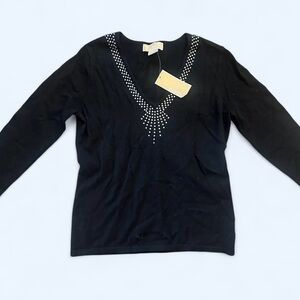 Michael Kors Black V-Neck Bedazzled Rhinestone Neck Sweater Size M NWT